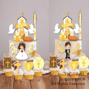 ESCENOGRAFIA PARA DECORAR TORTAS Y CUPCAKES COMUNION (15 UNIDADES + 1 BENGALA)